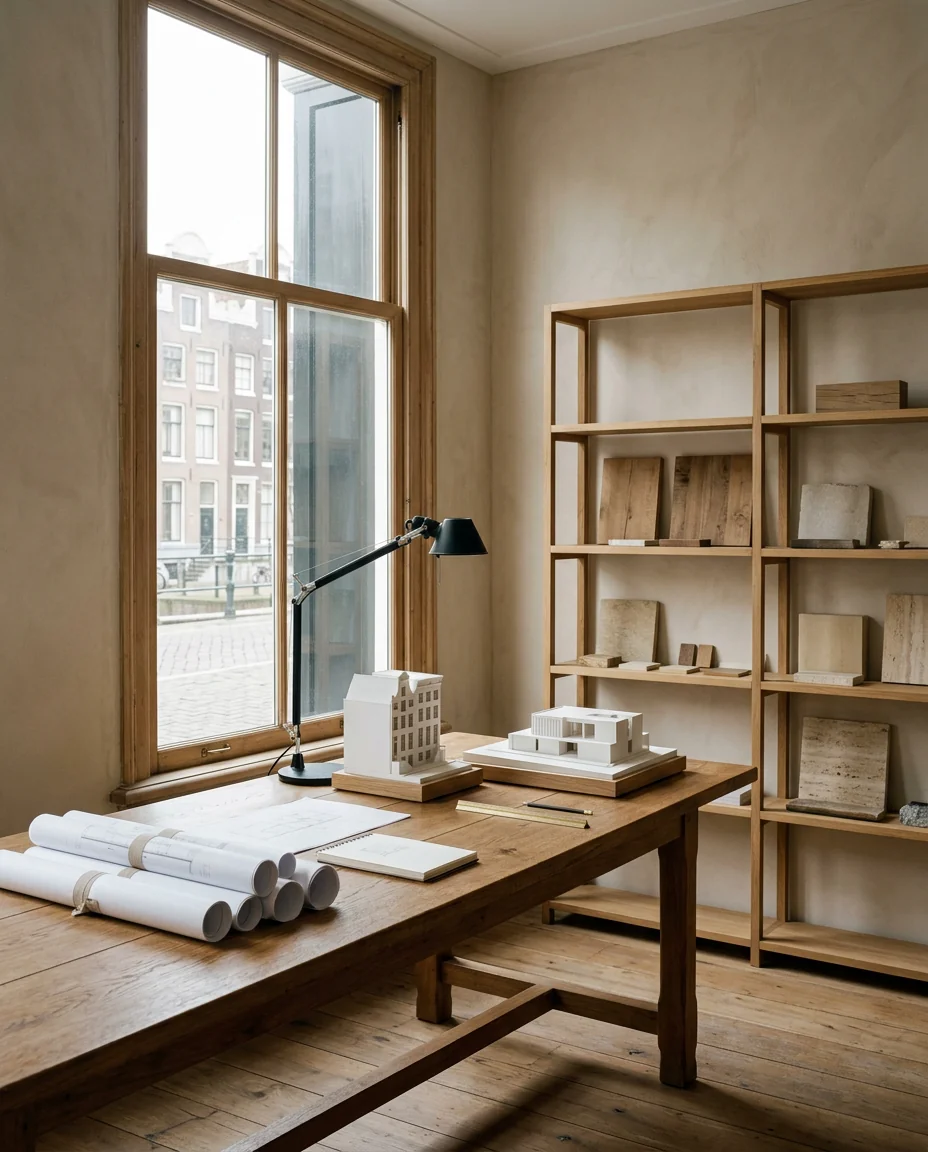 Het atelier aan de Herengracht: een lange eiken werktafel met tekeningen en maquettes bij het raam, met de gracht in het glas