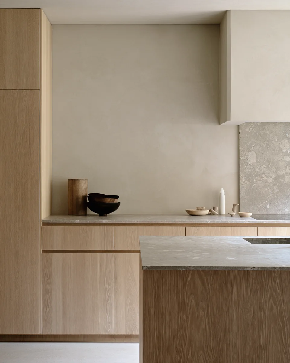 Keuken met eiken kasten en een stenen kookeiland in een verbouwd herenhuis
