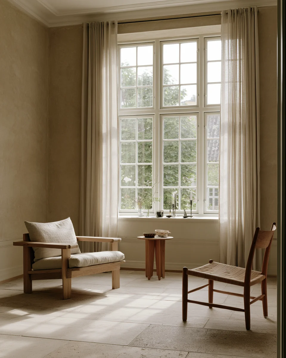 Woonkamer met twee houten stoelen bij een hoog raam met linnen gordijnen