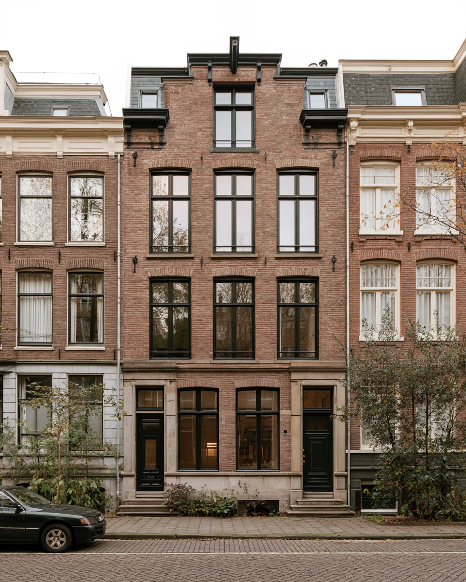 Amsterdamse gevelrij met bakstenen herenhuizen