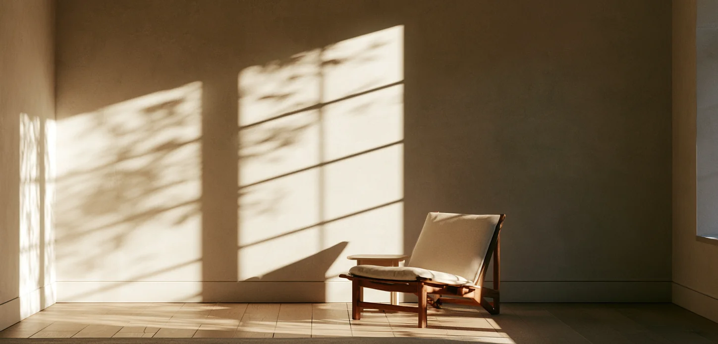 Gestuukte wand waarover het licht en de schaduw van raamstijlen en takken trekken, met een lage fauteuil in de hoek