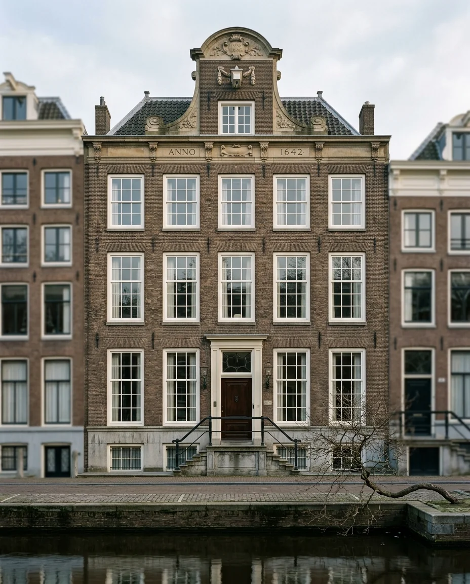 De gevel aan de Keizersgracht: donkere baksteen, witte kozijnen en een halsgevel uit 1687