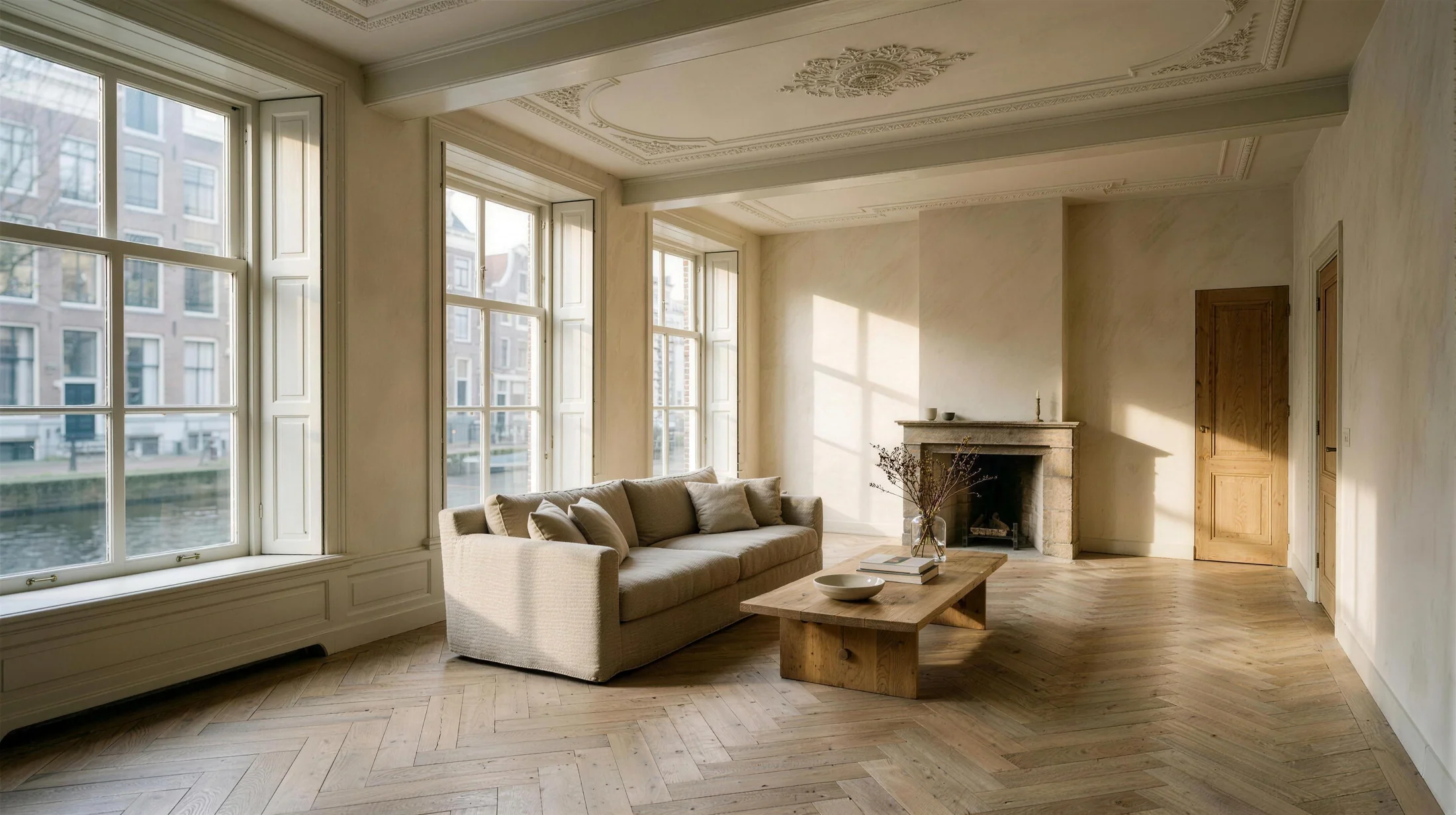 De salon op de bel-etage: hoge schuiframen met binnenluiken, hersteld ornamentenplafond en een visgraatvloer van licht eiken