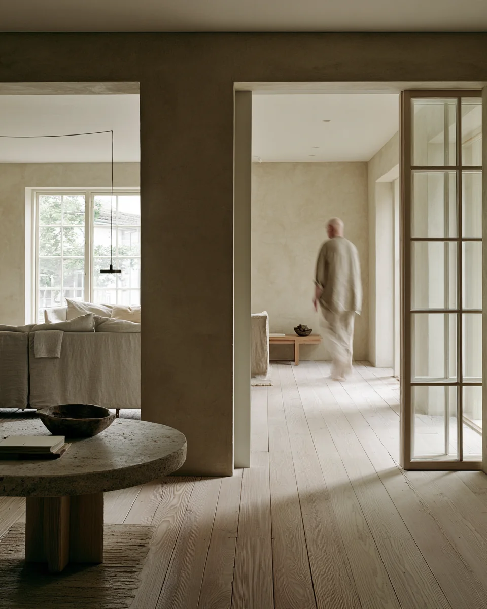 Doorkijk door een en suite naar een lichte woonkamer met visgraatvloer